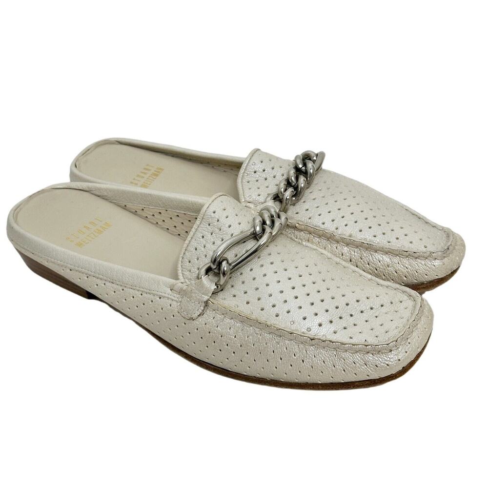 Stuart Weitzman Chain Trim Champagne Mules Slip-On Flats sz 6.5